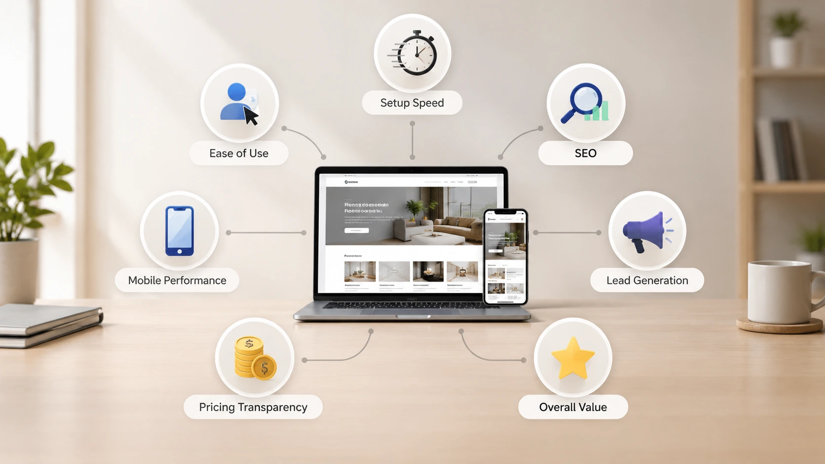 Key factors for evaluating small business website builders including ease of use, speed, SEO, and lead generation
