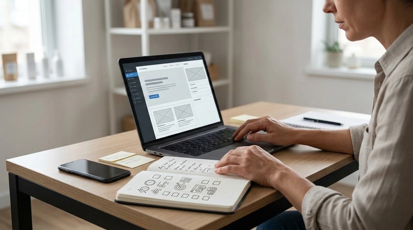 Small business owner planning website layout and comparing website builder options