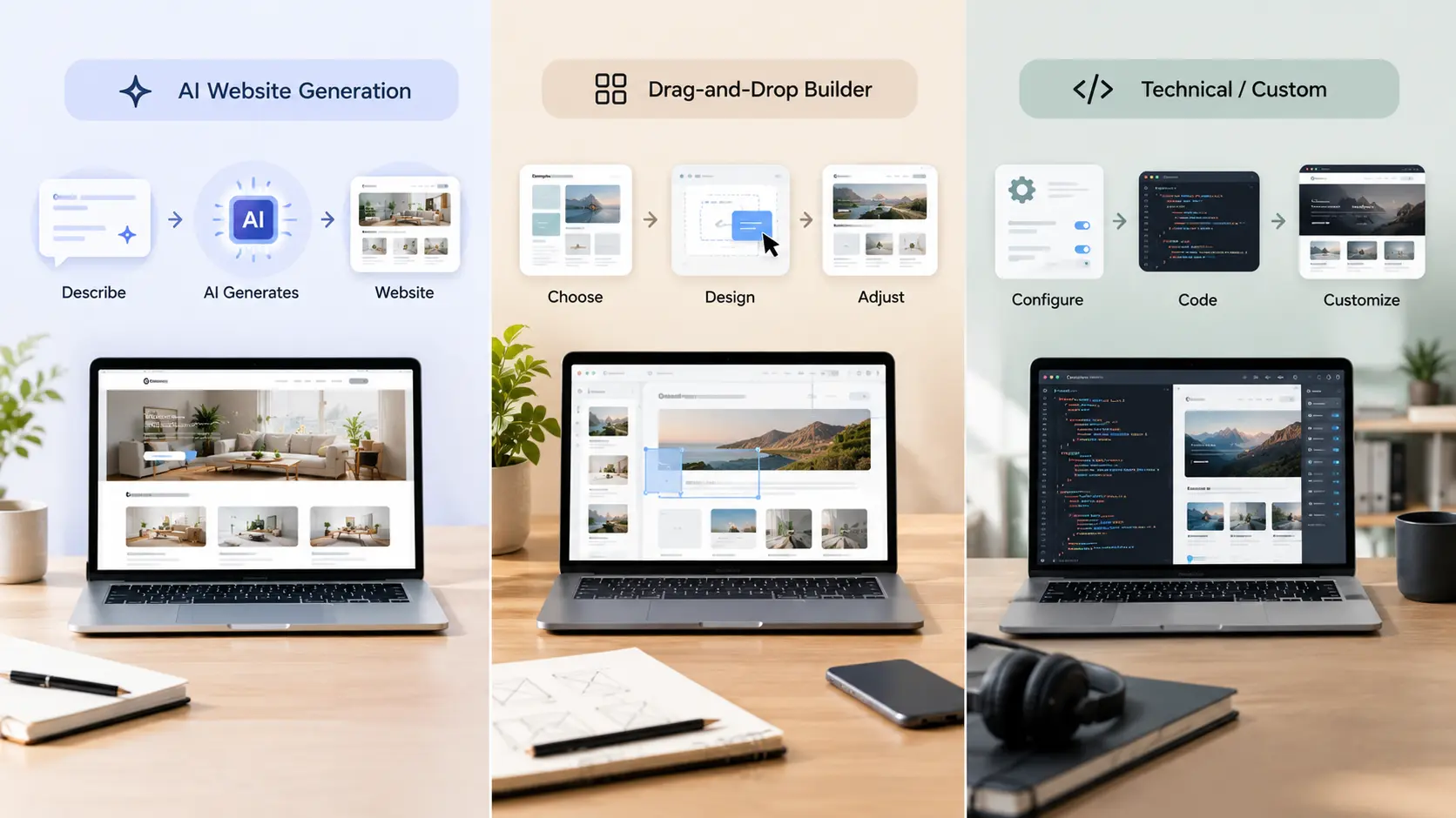 Comparison of three website creation methods: AI Website Generation vs Drag-and-Drop Builder vs Technical Custom Development